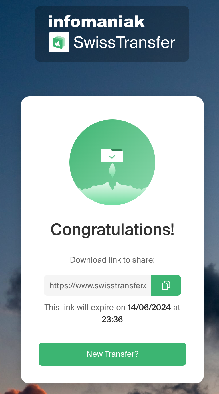 Link de partilha de ficheiros gerado pelo SwissTransfer
