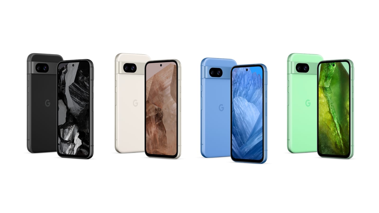 Google Pixel 8a nas cores obsidiada, porcelana, azul baía e aloé